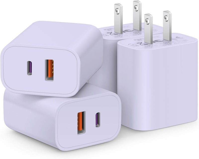 LCXX [4 Pack] USB C Charger Block Fast Charging Multiport Adpater [PD 20W USB-C & QC 3.0 USB-A Port] for i Phone 17/16/15/14/13/12/11/X/8, i Pad, Galaxy, Google, Galaxy & More [Purple] - Image 1